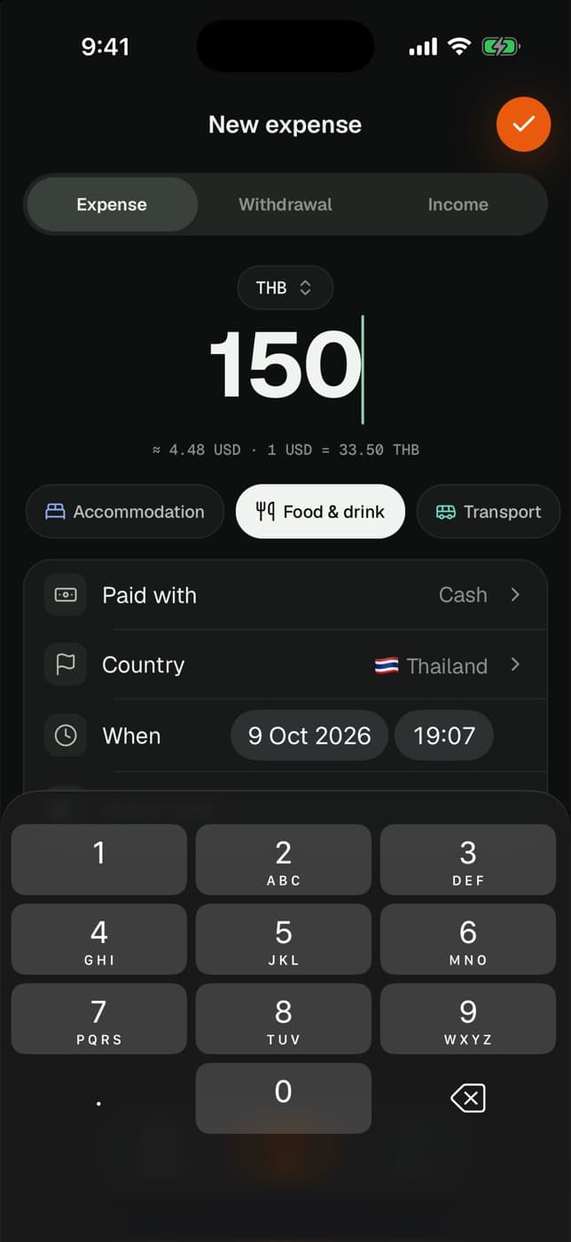 Add expense screen with a 150 THB amount and its USD conversion