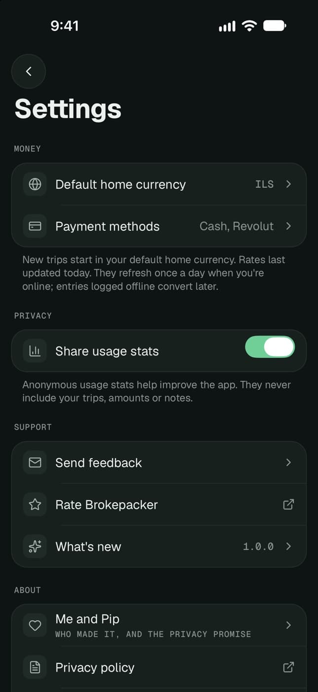 Settings screen with home currency, payment methods and privacy options