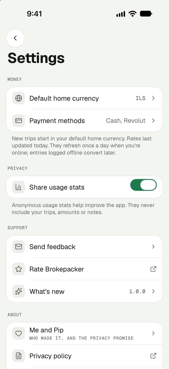 Settings screen with home currency, payment methods and privacy options